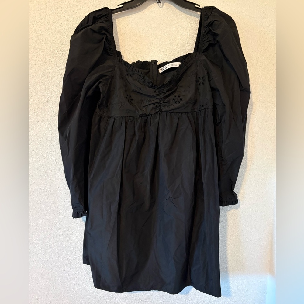 Zara Black Embroidered Mini Babydoll Dress